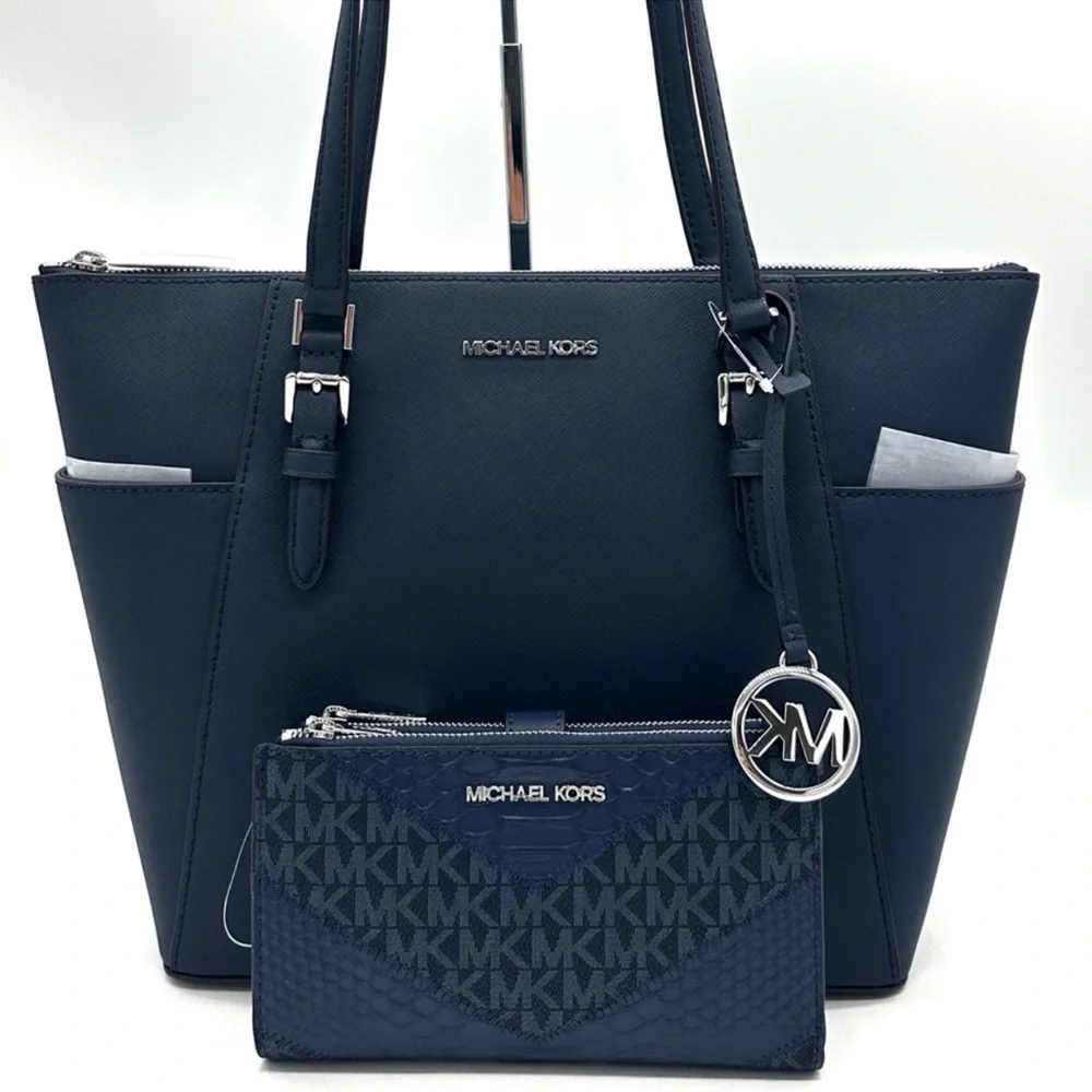 Michael Kors Large Charlotte Tote Bag & LG Double Zip Wallet Luggage Navy Blue - Picture 1 of 15